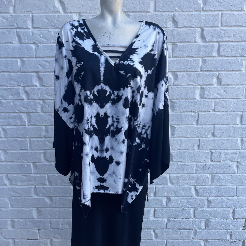 Womens Size 3XL Handkerchief Hem Tunic Black & White Curve 3/4 Sleeve